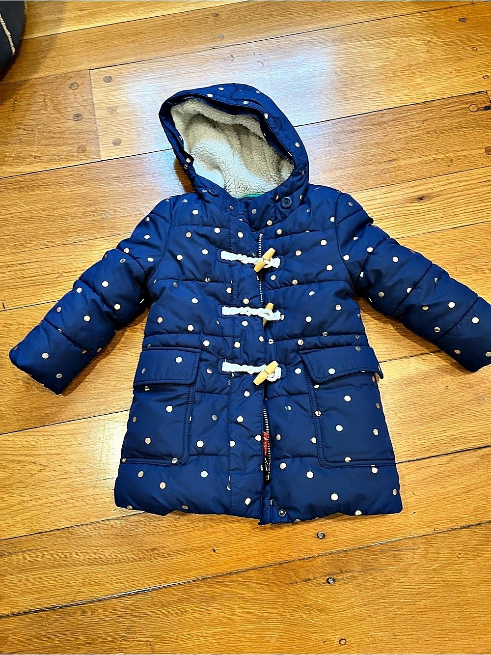 Boden Metallic Polka Dot Toggle Puffer Coat Girls 3-4Y